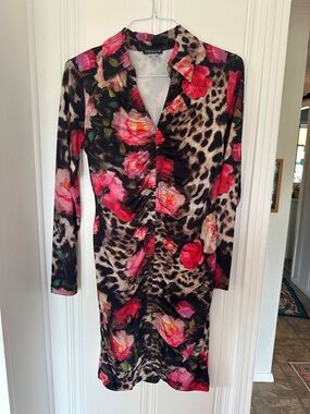 VENUS Black Floral & Leopard Ruched Midi Dress